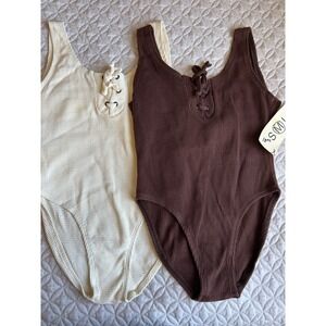 Waffle Knit Lace-Up Bodysuit - Brown